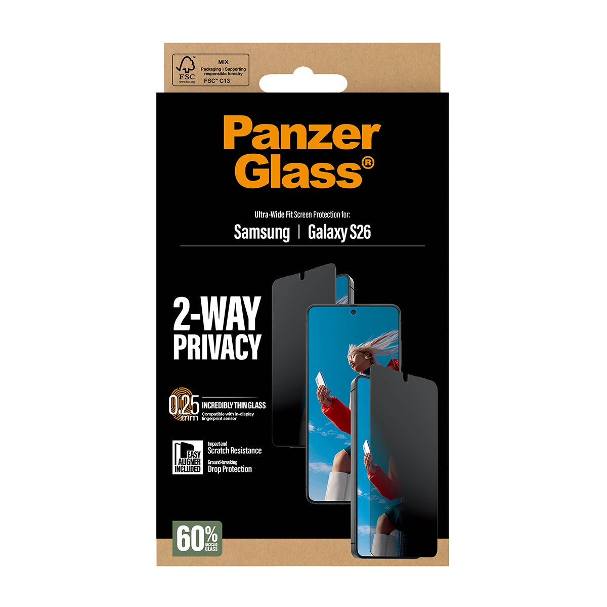 PanzerGlass® 2-Way Privacy Skærmbeskyttelse Samsung Galaxy S26 | Ultra-Wide Fit m. EasyAligner