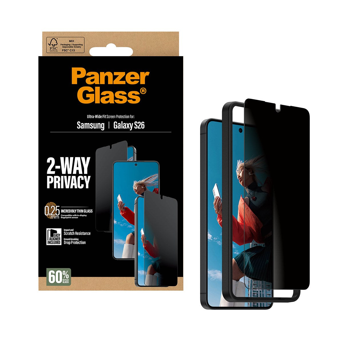 PanzerGlass® 2-Way Privacy Skærmbeskyttelse Samsung Galaxy S26 | Ultra-Wide Fit m. EasyAligner
