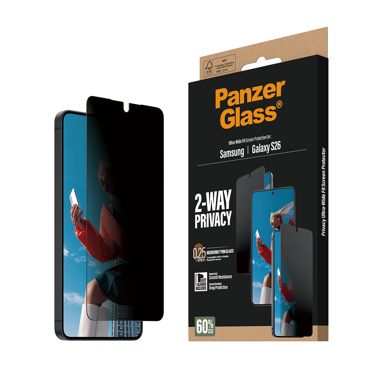 PanzerGlass® 2-Way Privacy Skærmbeskyttelse Samsung Galaxy S26 | Ultra-Wide Fit m. EasyAligner