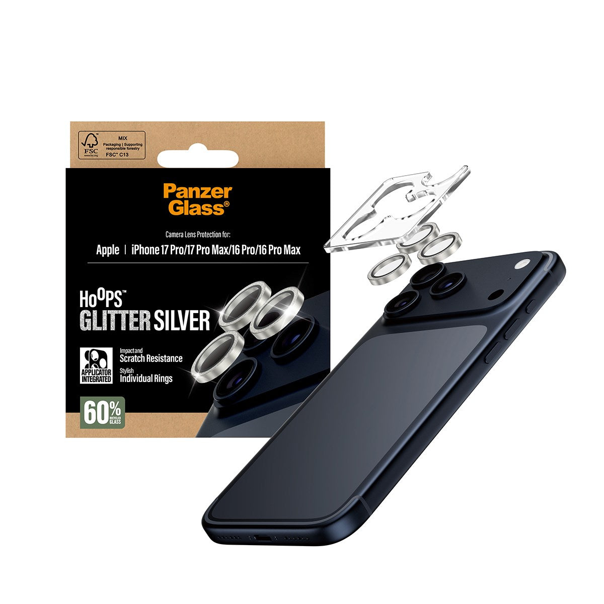 PanzerGlass® Hoops® Kameralinsebeskytter Glitter Sølv iPhone 17 Pro | iPhone 17 Pro Max | iPhone 16 Pro | 16 Pro Max