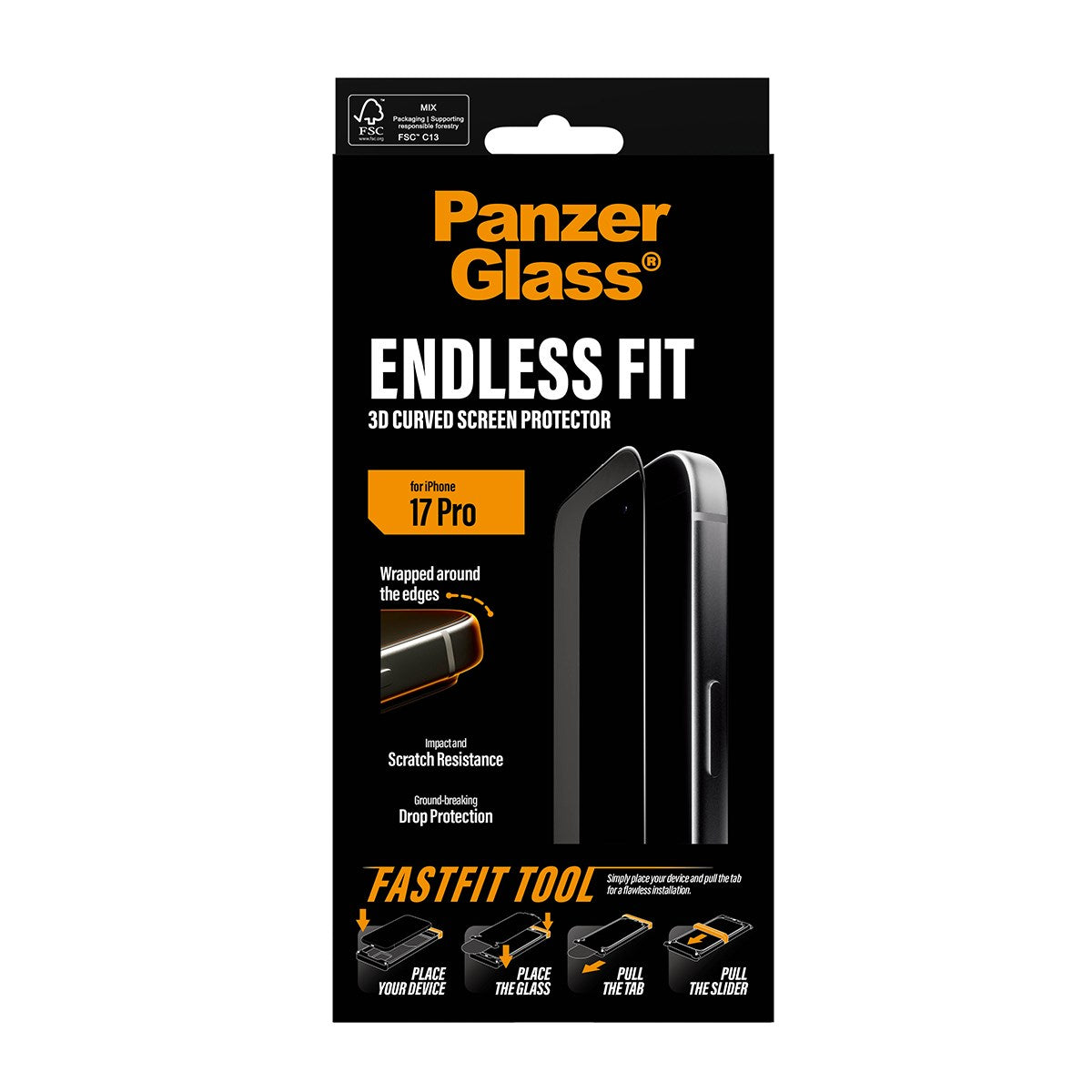 PanzerGlass® 3D Curve Skærmbeskyttelse iPhone 17 Pro m. Applicator