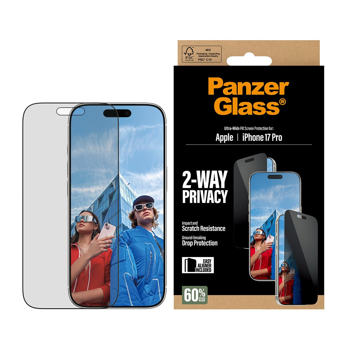 PanzerGlass® 2-Way Privacy Skærmbeskyttelse iPhone 17 Pro | Ultra-Wide Fit m. EasyAligner