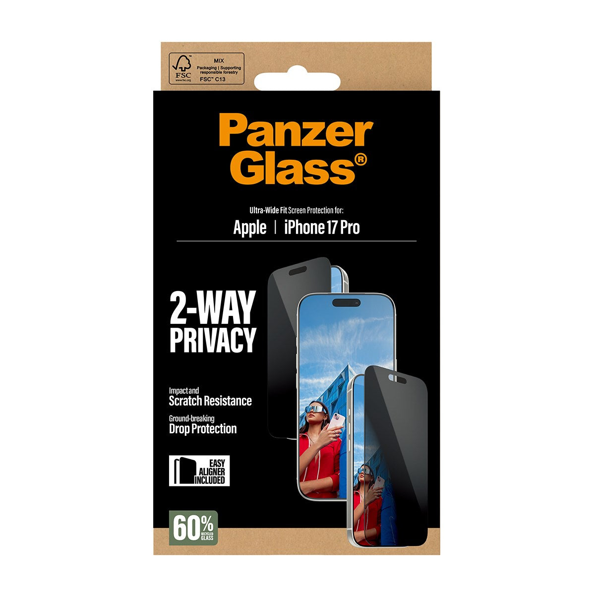 PanzerGlass® 2-Way Privacy Skærmbeskyttelse iPhone 17 Pro | Ultra-Wide Fit m. EasyAligner