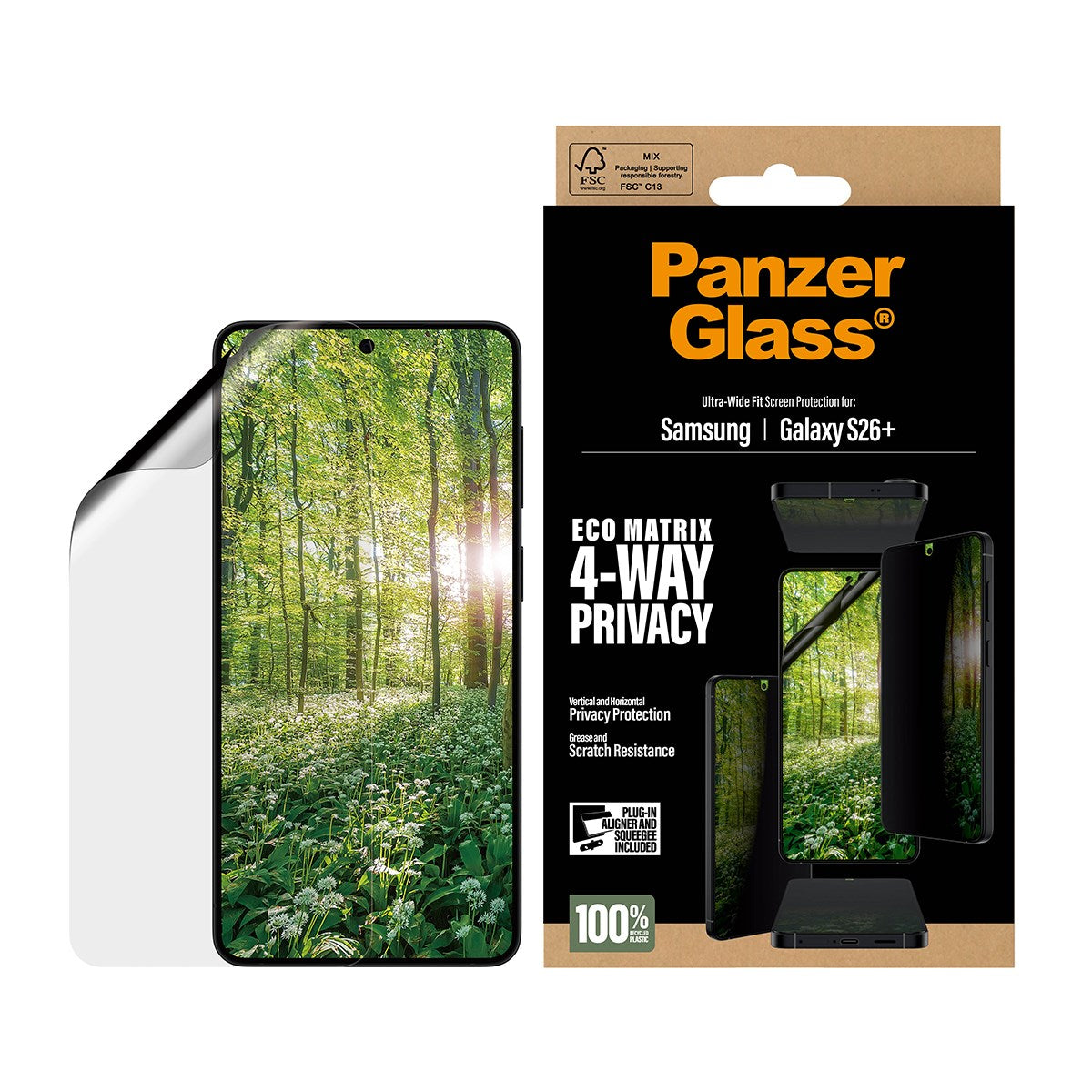 PanzerGlass® ECO MATRIX 4-Way Privacy Skærmbeskyttelse Samsung Galaxy S26+ | Ultra-Wide Fit