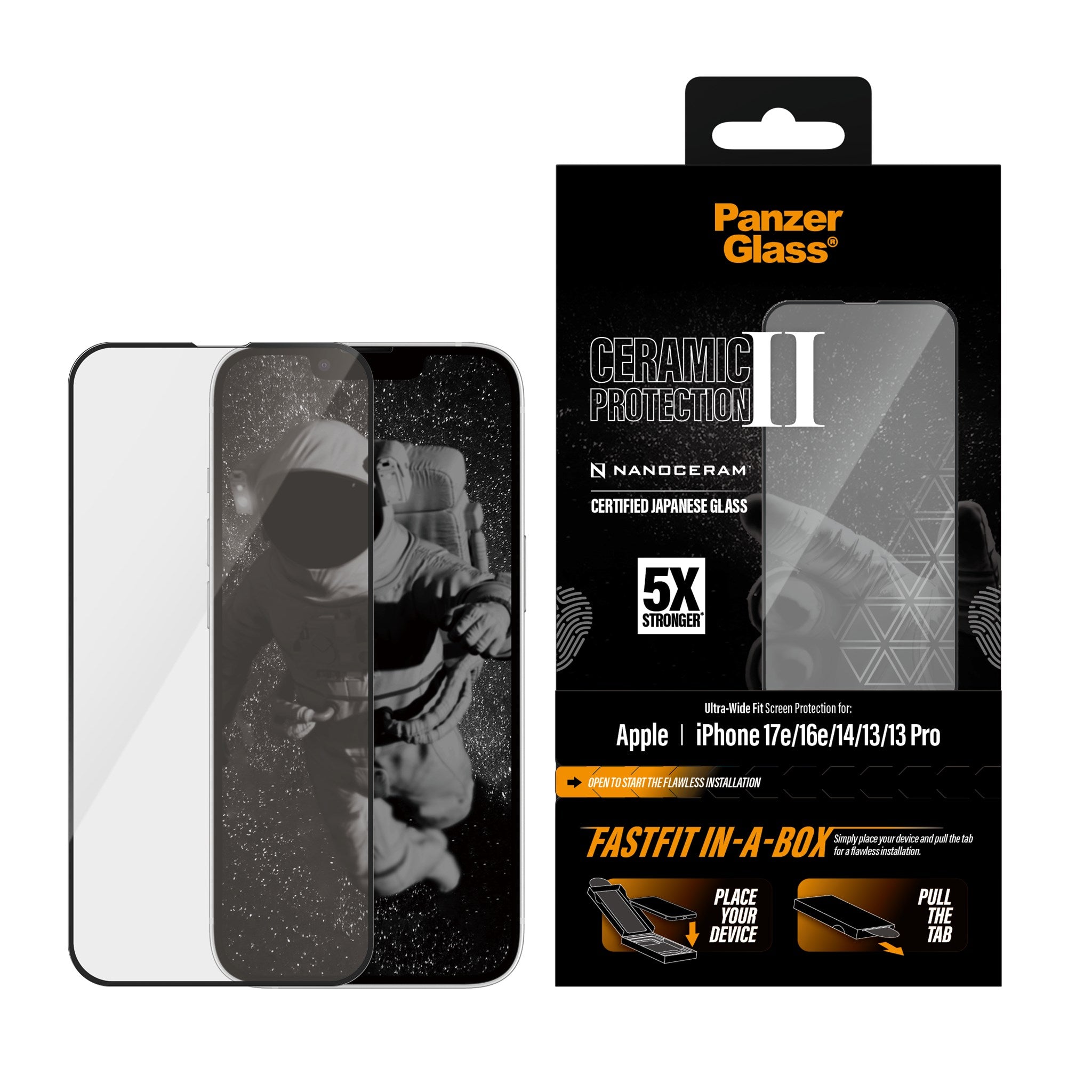 PanzerGlass® Ceramic Skærmbeskyttelse iPhone 17e |16e | 14 | 13 | 13 Pro | Ultra-Wide Fit w. FASTFIT IN-A-BOX