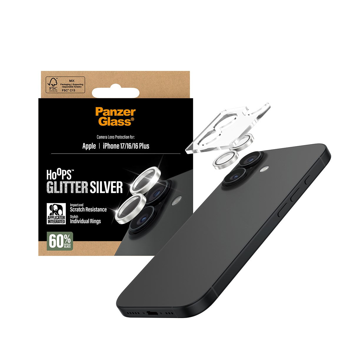 PanzerGlass® Hoops® Kameralinsebeskytter Glitter Sølv iPhone 17 | iPhone 16 | 16 Plus