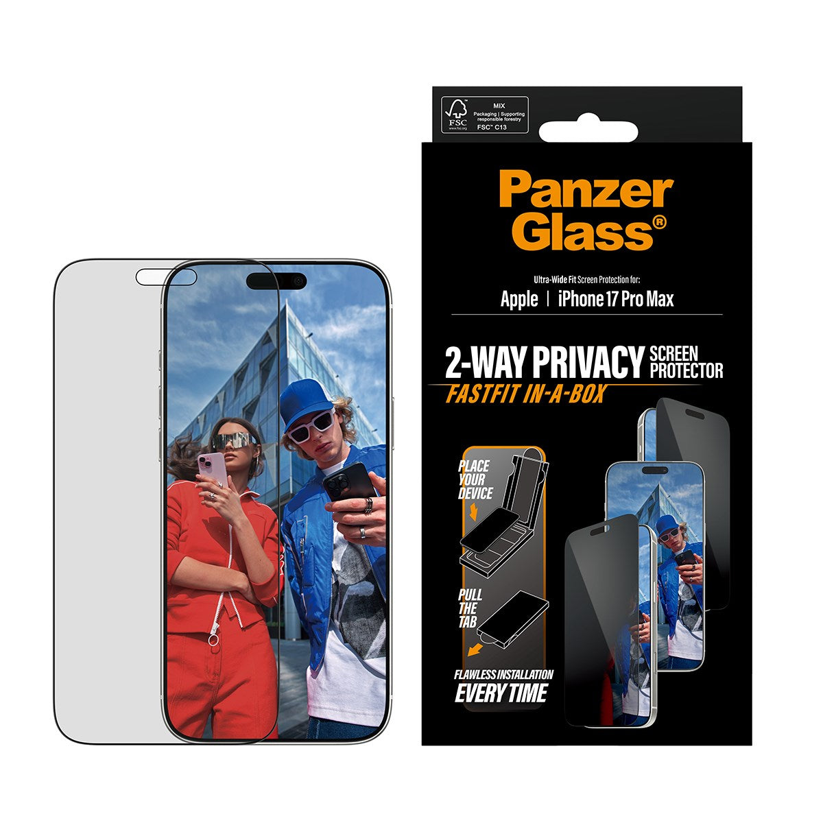 PanzerGlass® Privacy Skærmbeskyttelse iPhone 17 Pro Max | Ultra-Wide Fit m. FASTFIT IN-A-BOX