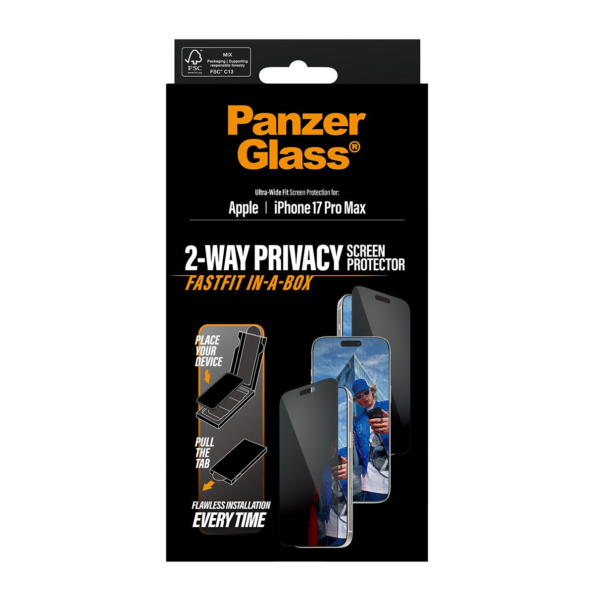 PanzerGlass® Privacy Skærmbeskyttelse iPhone 17 Pro Max | Ultra-Wide Fit m. FASTFIT IN-A-BOX