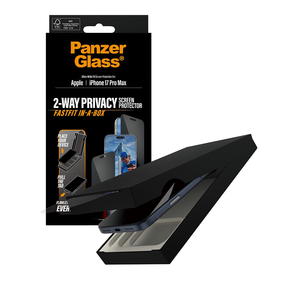PanzerGlass® Privacy Skærmbeskyttelse iPhone 17 Pro Max | Ultra-Wide Fit m. FASTFIT IN-A-BOX