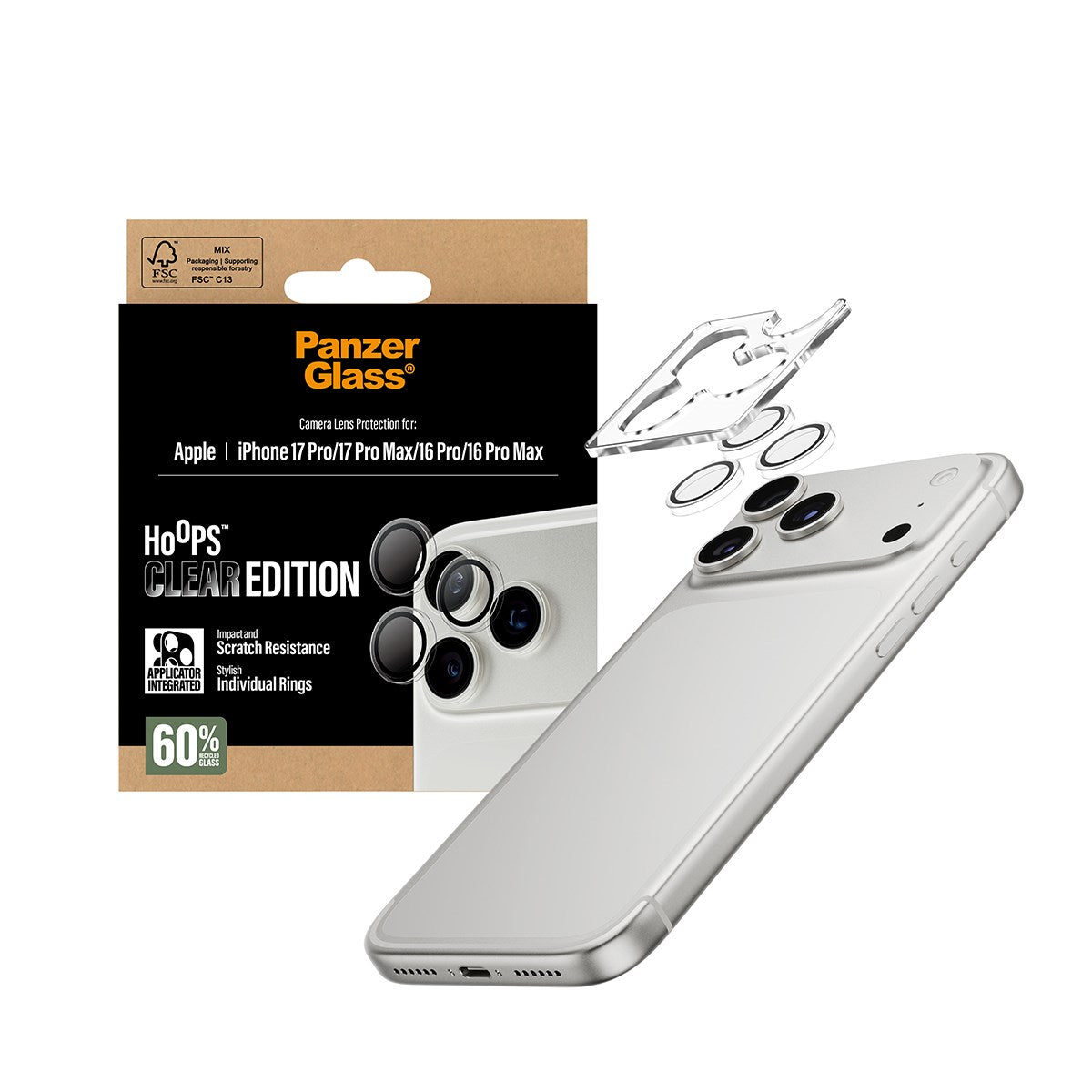 PanzerGlass® Hoops® Kameralinsebeskytter Transparent iPhone 17 Pro | iPhone 17 Pro Max | iPhone 16 Pro | 16 Pro Max