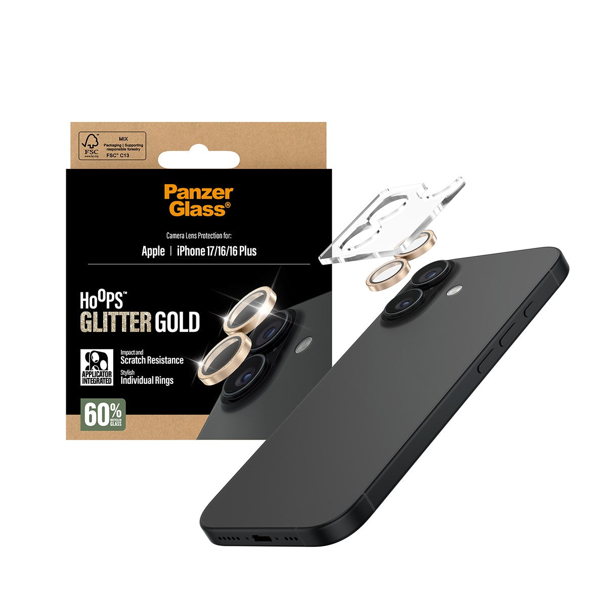 PanzerGlass® Hoops® Kameralinsebeskytter Glitter Guld iPhone 17 | iPhone 16 | 16 Plus