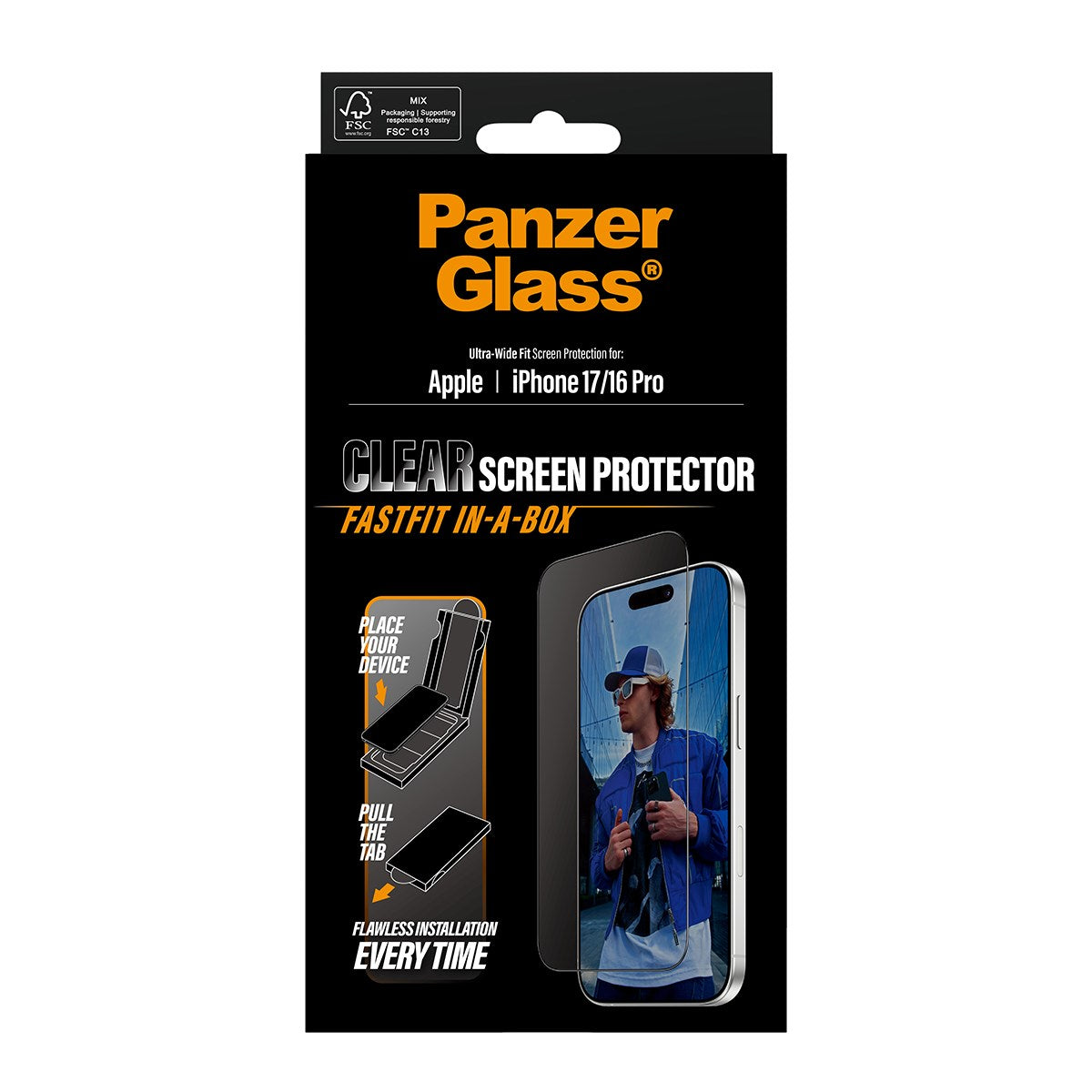 PanzerGlass® Skærmbeskyttelse iPhone 17 | iPhone 16 Pro | Ultra-Wide Fit m. FASTFIT IN-A-BOX