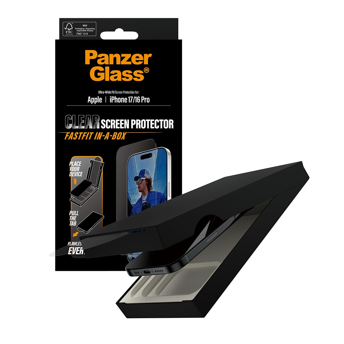 PanzerGlass® Skærmbeskyttelse iPhone 17 | iPhone 16 Pro | Ultra-Wide Fit m. FASTFIT IN-A-BOX