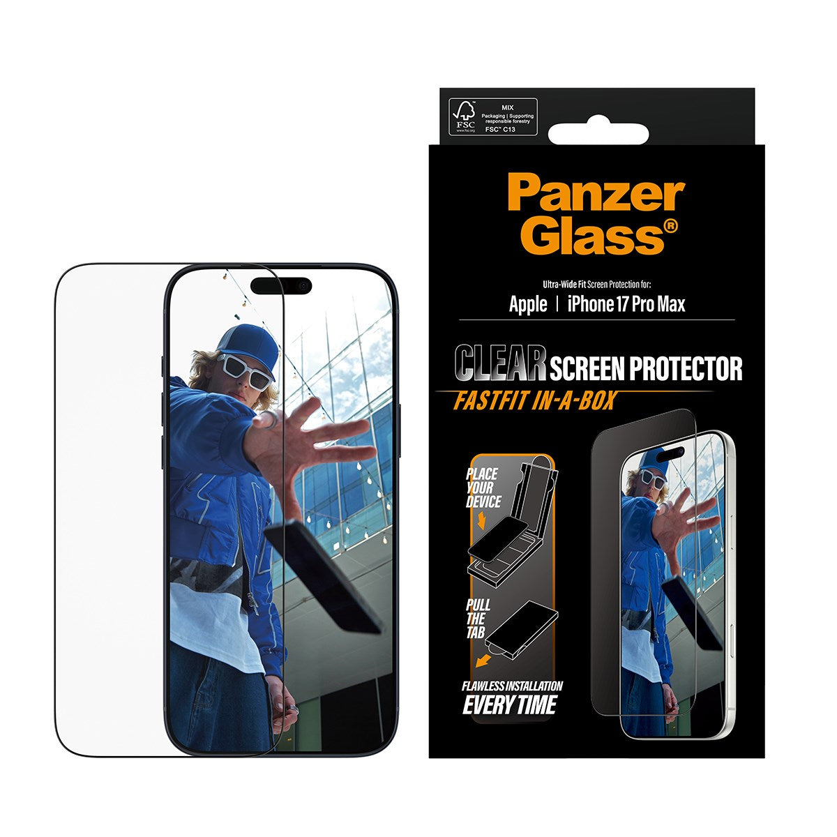 PanzerGlass® Skærmbeskyttelse iPhone 17 Pro Max | Ultra-Wide Fit m. FASTFIT IN-A-BOX