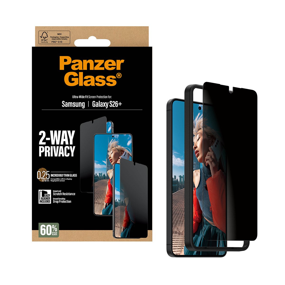 PanzerGlass® 2-Way Privacy Skærmbeskyttelse Samsung Galaxy S26+ | Ultra-Wide Fit m. EasyAligner