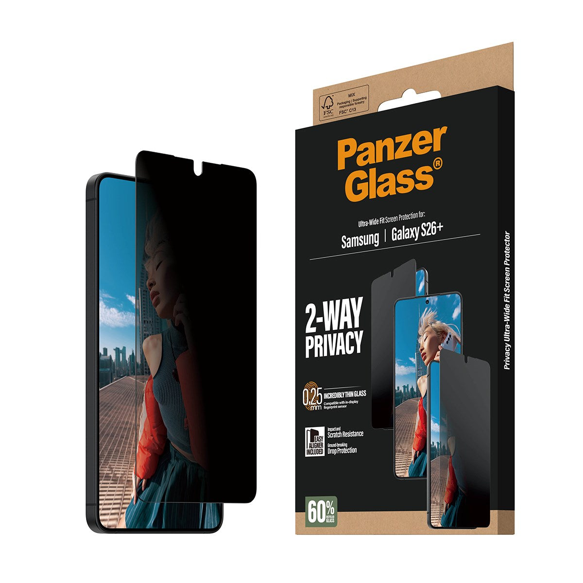 PanzerGlass® 2-Way Privacy Skærmbeskyttelse Samsung Galaxy S26+ | Ultra-Wide Fit m. EasyAligner