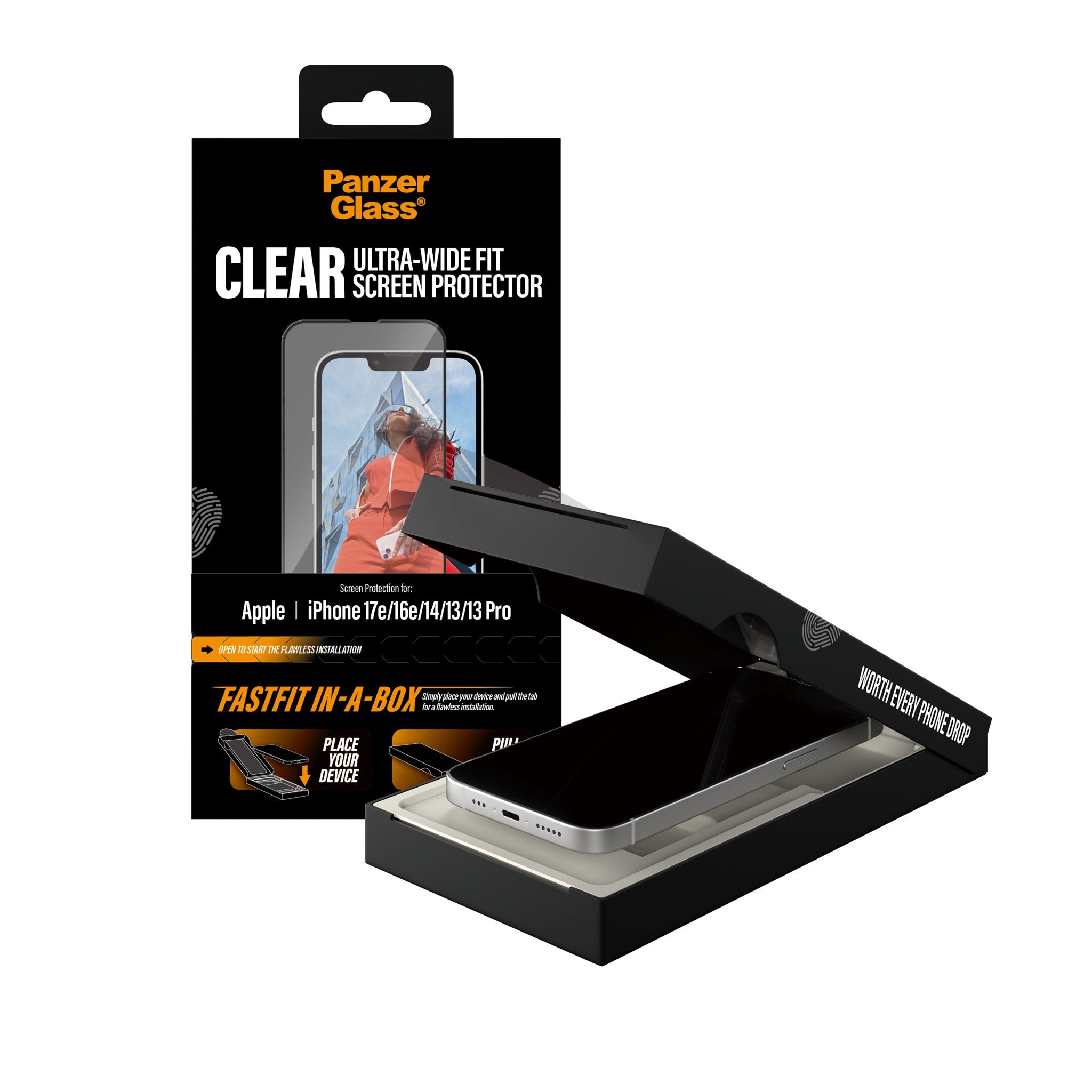 PanzerGlass® Skærmbeskyttelse iPhone 17e | 16e | 14 | 13 | 13 Pro | Ultra-Wide Fit w. FASTFIT IN-A-BOX