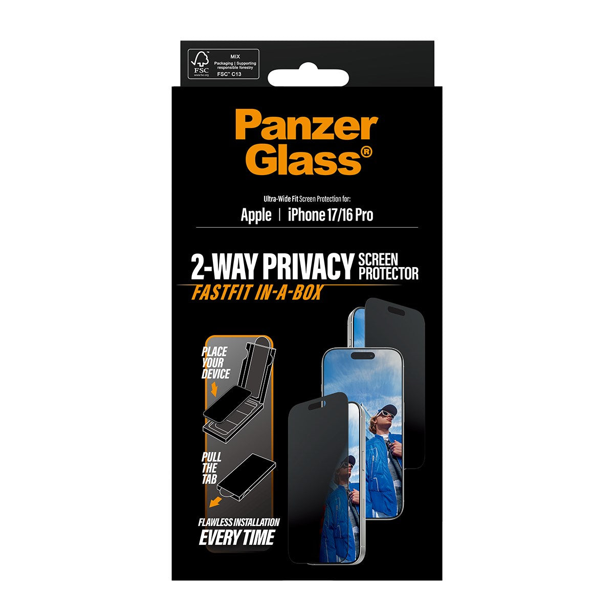 PanzerGlass® Privacy Skærmbeskyttelse iPhone 17 | iPhone 16 Pro | Ultra-Wide Fit m. FASTFIT IN-A-BOX