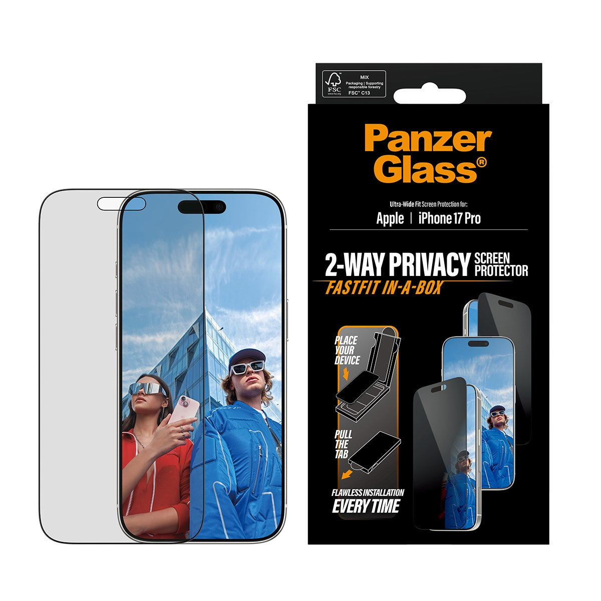 PanzerGlass® Privacy Skærmbeskyttelse iPhone 17 Pro | Ultra-Wide Fit m. FASTFIT IN-A-BOX