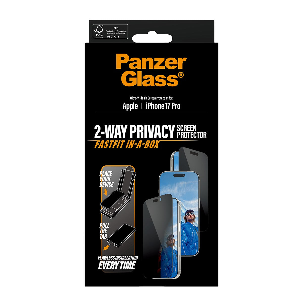 PanzerGlass® Privacy Skærmbeskyttelse iPhone 17 Pro | Ultra-Wide Fit m. FASTFIT IN-A-BOX