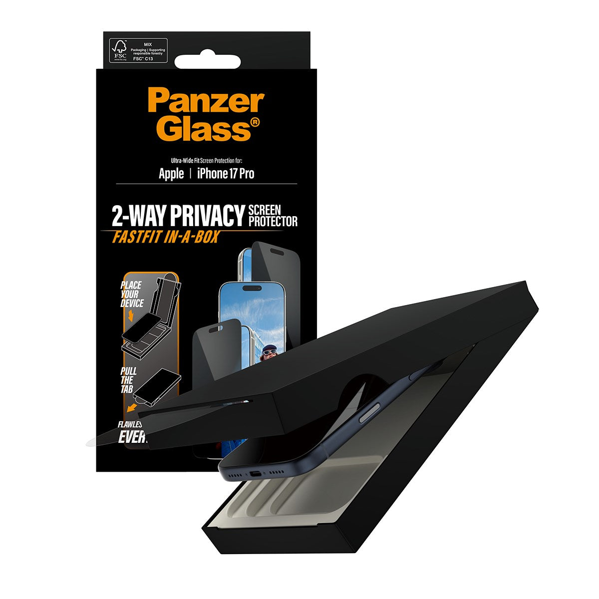 PanzerGlass® Privacy Skærmbeskyttelse iPhone 17 Pro | Ultra-Wide Fit m. FASTFIT IN-A-BOX