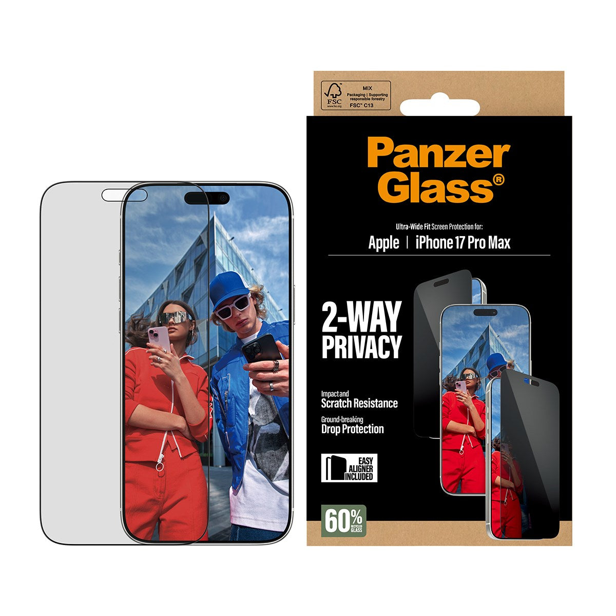 PanzerGlass® 2-Way Privacy Skærmbeskyttelse iPhone 17 Pro Max | Ultra-Wide Fit m. EasyAligner