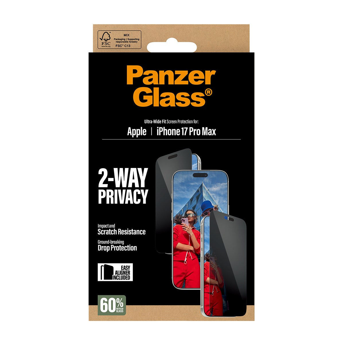PanzerGlass® 2-Way Privacy Skærmbeskyttelse iPhone 17 Pro Max | Ultra-Wide Fit m. EasyAligner
