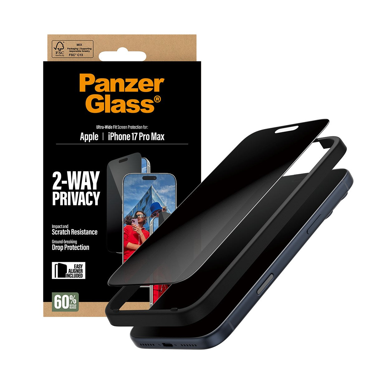 PanzerGlass® 2-Way Privacy Skærmbeskyttelse iPhone 17 Pro Max | Ultra-Wide Fit m. EasyAligner