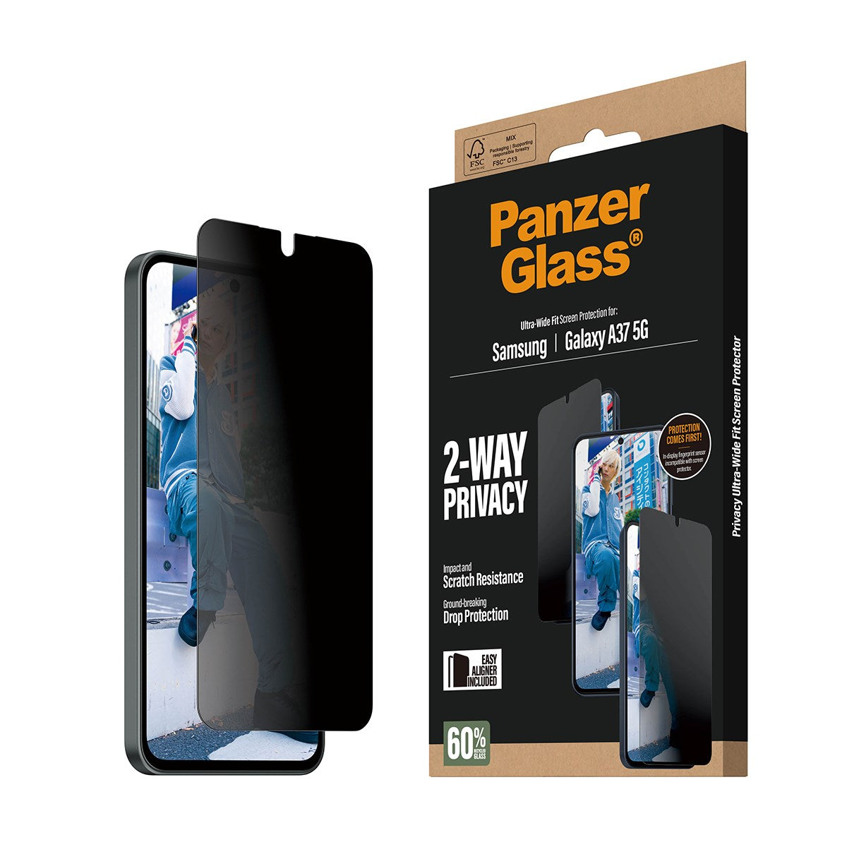 PanzerGlass® 2-Way Privacy Skærmbeskyttelse Samsung Galaxy A37 5G | Ultra-Wide Fit m. EasyAligner