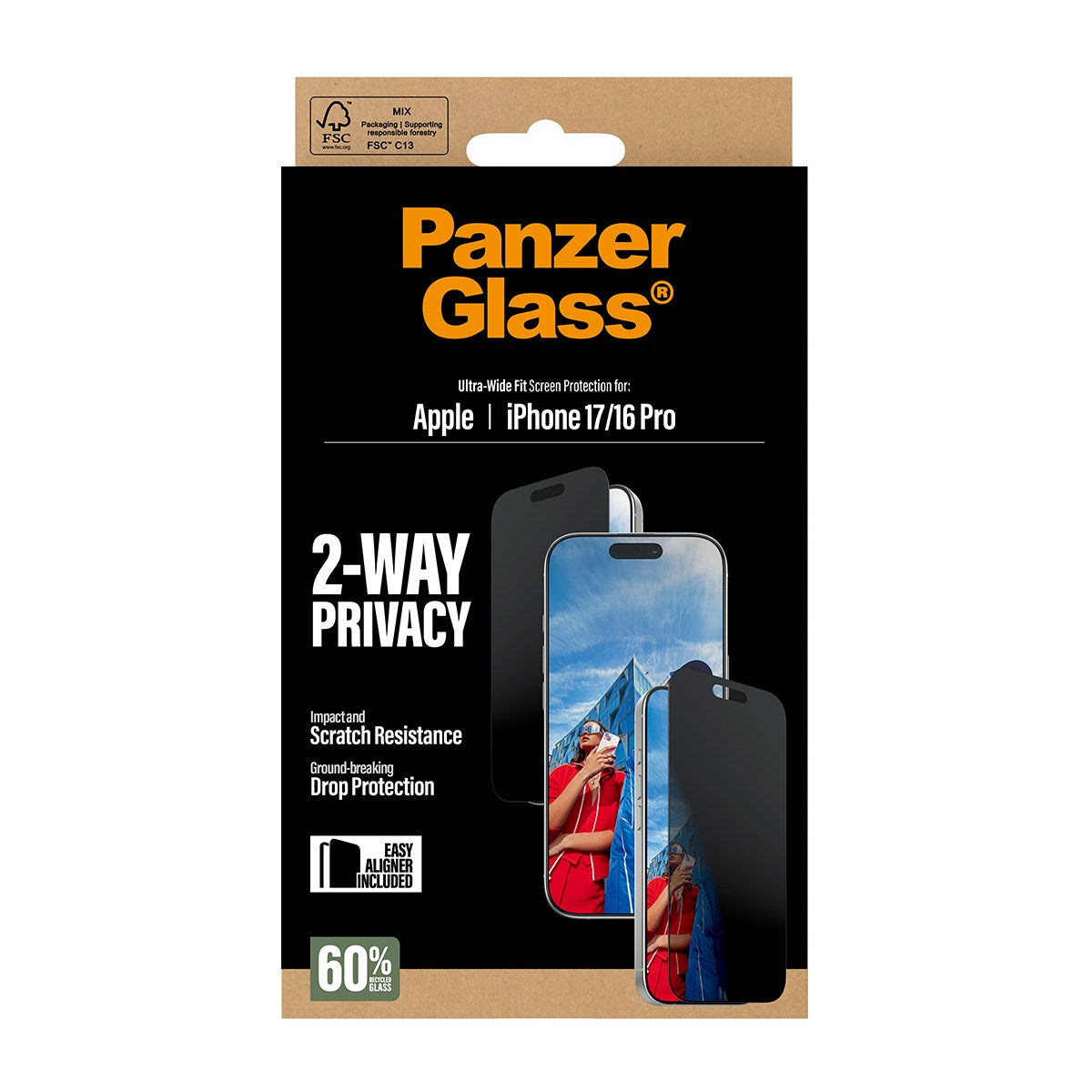 PanzerGlass® 2-Way Privacy Skærmbeskyttelse iPhone 17 | iPhone 16 Pro | Ultra-Wide Fit m. EasyAligner
