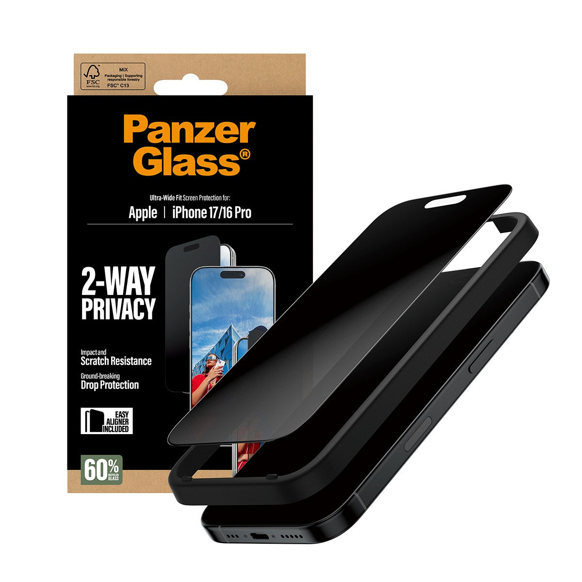 PanzerGlass® 2-Way Privacy Skærmbeskyttelse iPhone 17 | iPhone 16 Pro | Ultra-Wide Fit m. EasyAligner