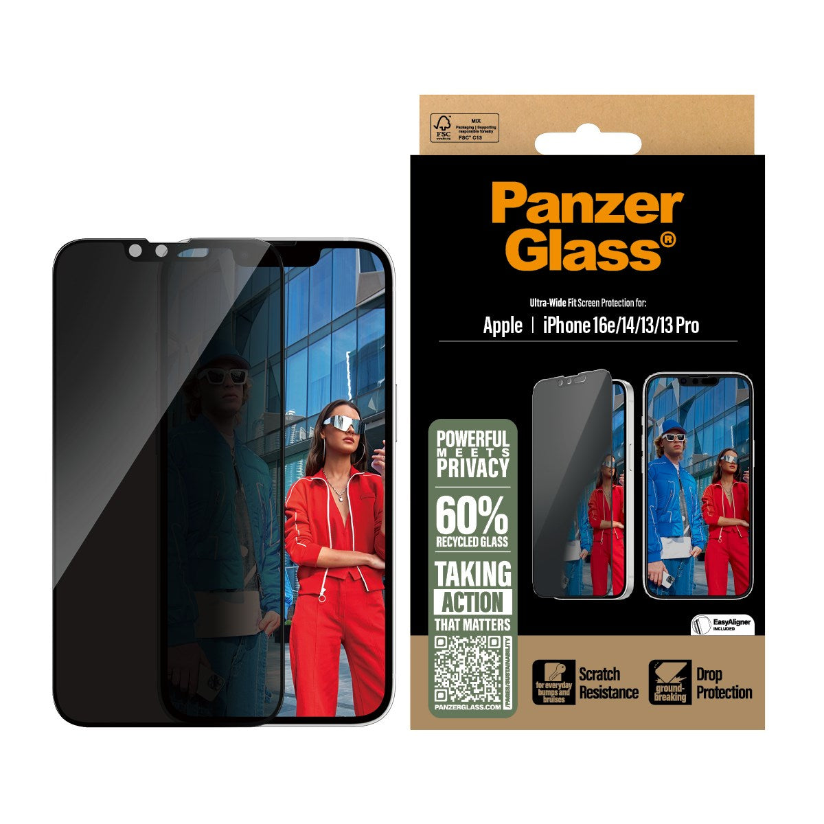 PanzerGlass® Privacy Skærmbeskyttelse iPhone 16e | 14 | 13 | 13 Pro | Ultra-Wide Fit m. Aligner