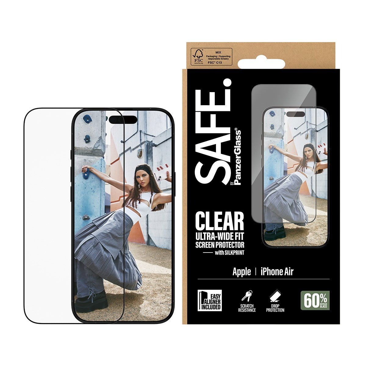 SAFE. by PanzerGlass® Skærmbeskyttelse m. Sort Ramme iPhone Air | Ultra-Wide Fit m. EasyAligner