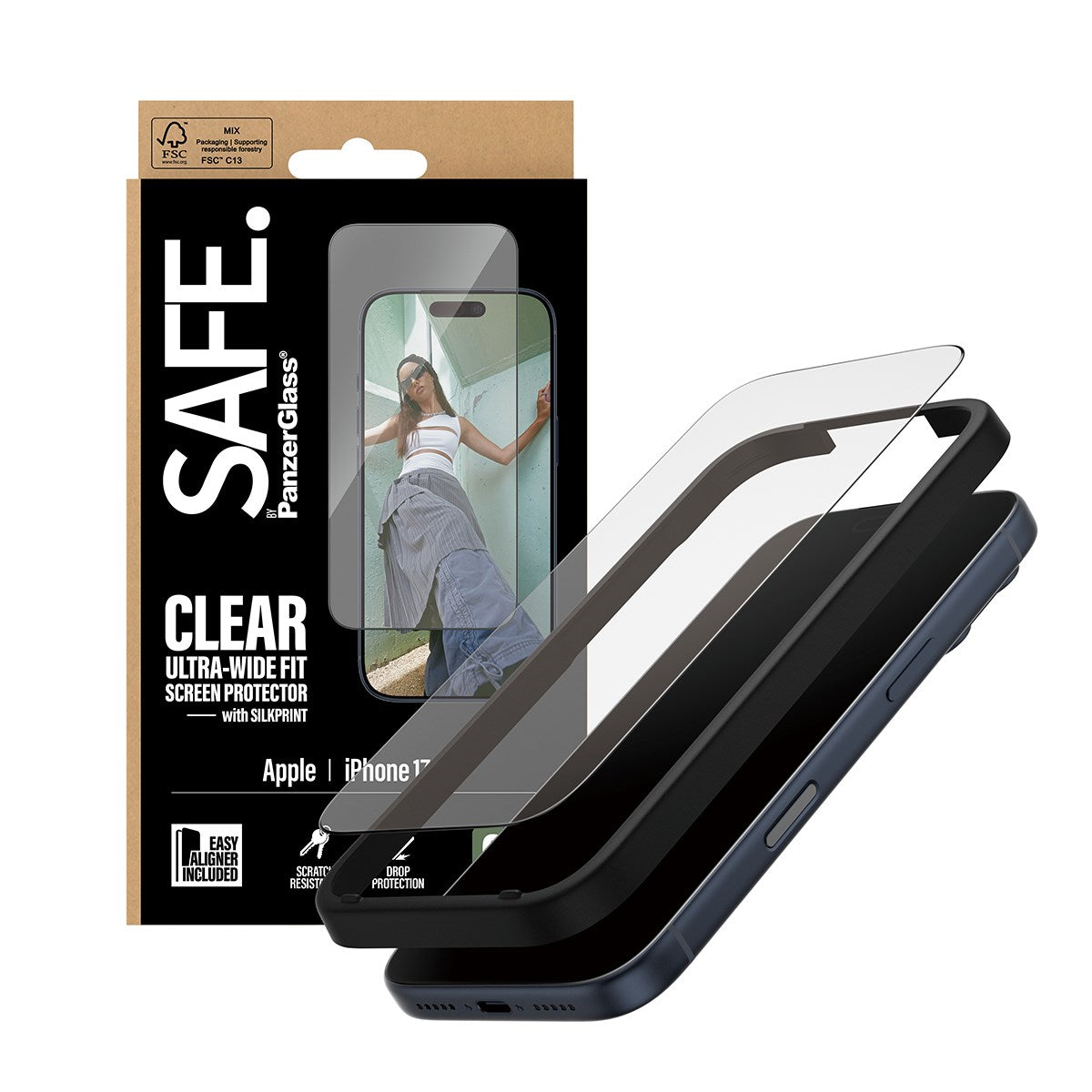 SAFE. by PanzerGlass® Skærmbeskyttelse m. Sort Ramme iPhone 17 Pro | Ultra-Wide Fit m. EasyAligner