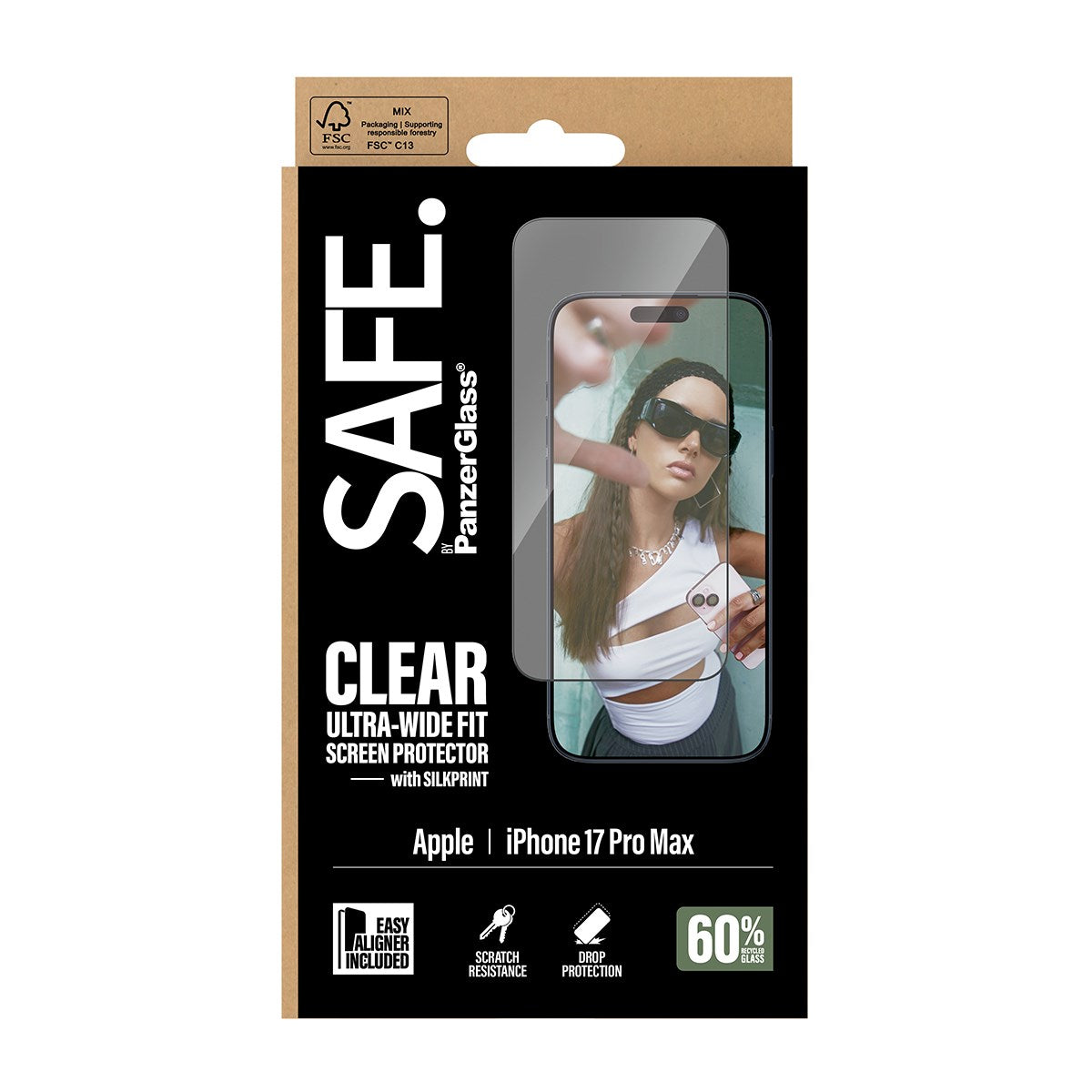 SAFE. by PanzerGlass® Skærmbeskyttelse m. Sort Ramme iPhone 17 Pro Max | Ultra-Wide Fit m. EasyAligner