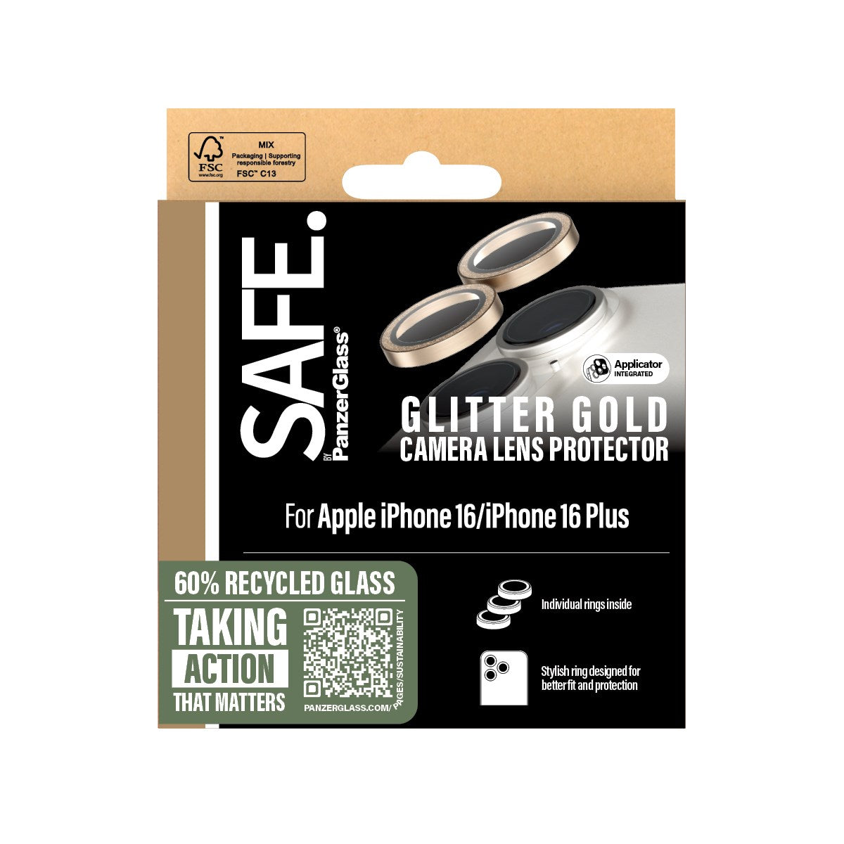 SAFE. by PanzerGlass® Kameralinsebeskytter Glitter Guld iPhone 16 | 16 Plus