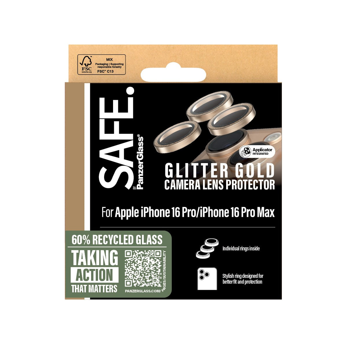 SAFE. by PanzerGlass® Kameralinsebeskytter Glitter Guld iPhone 16 Pro | 16 Pro Max