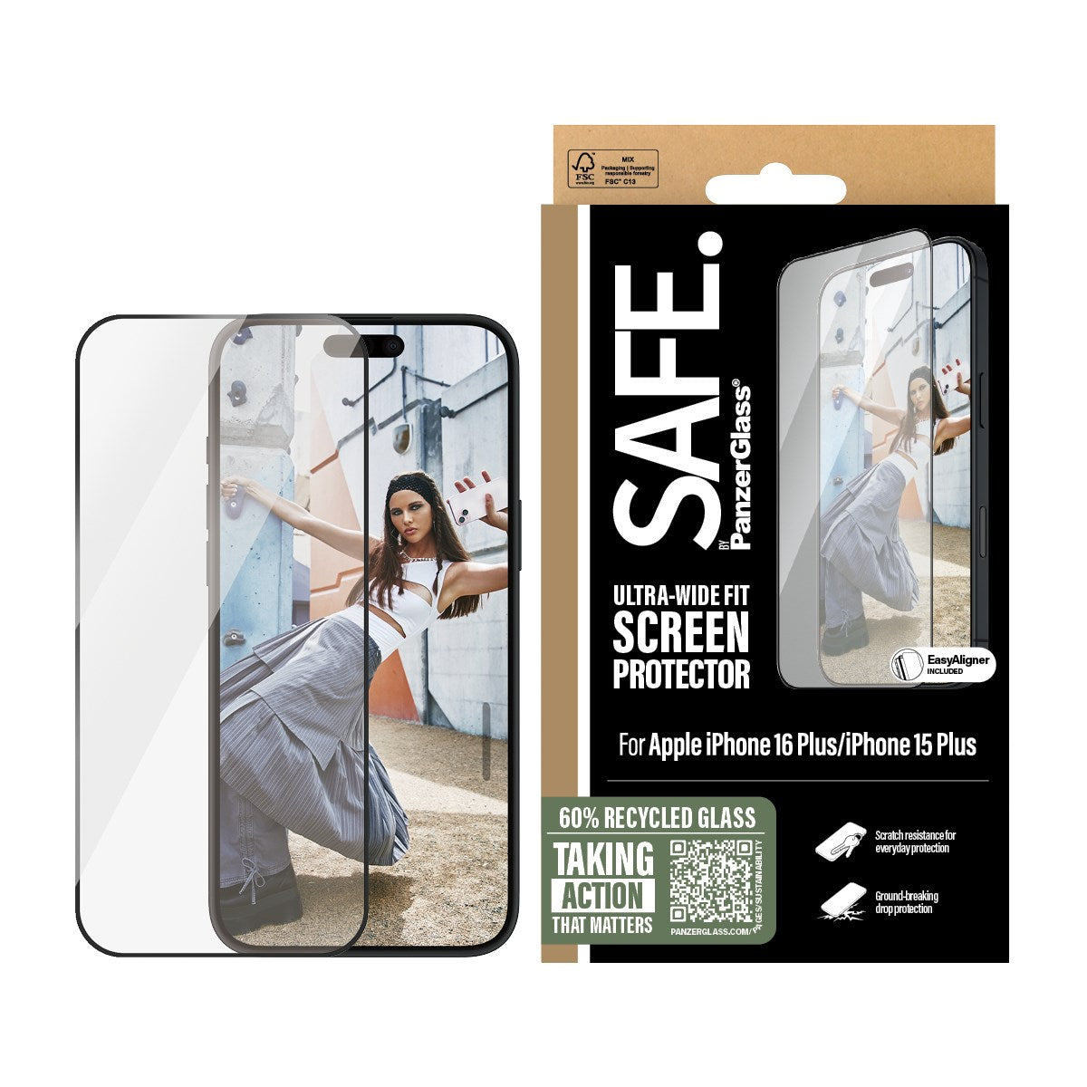 SAFE. by PanzerGlass® Skærmbeskyttelse m. Sort Ramme iPhone 16 Plus | 15 Plus | Ultra-Wide Fit