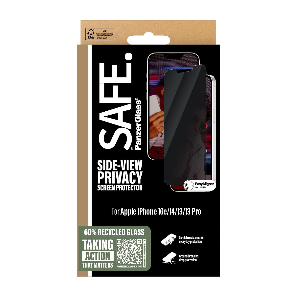 SAFE. by PanzerGlass® Privacy Skærmbeskyttelse iPhone 16e | 14 | 13 | 13 Pro | Ultra-Wide Fit m. Aligner